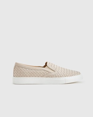 Quince Women 100% Handwoven Leather Slip On Sneaker Cream 6