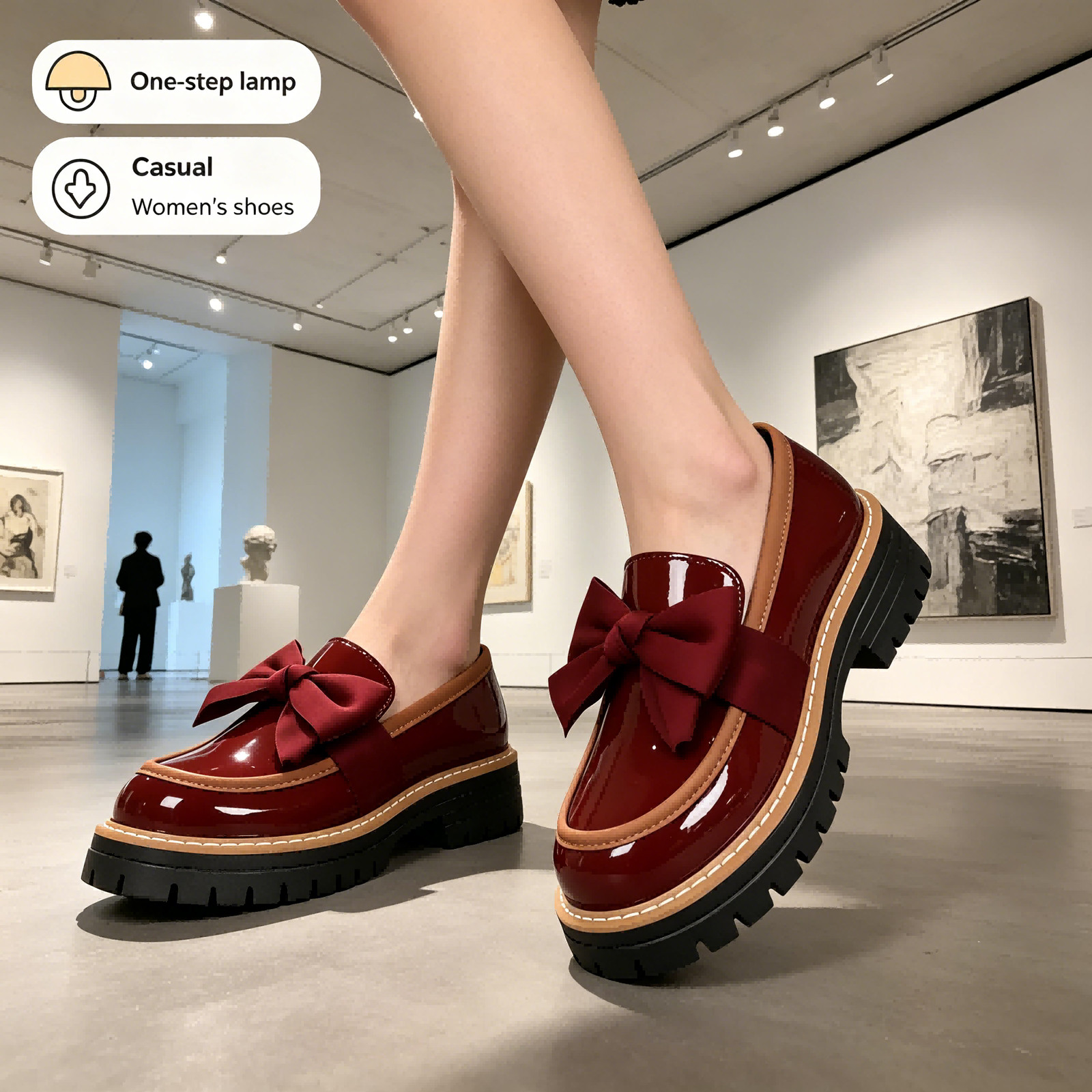 Women Patent Leather Loafers, Round Toe Bow Chunky Heel Platform Shoes