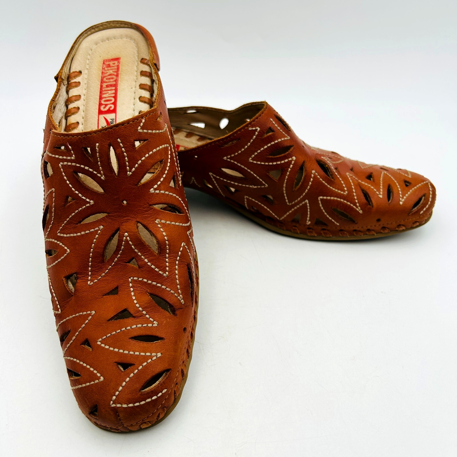 PIKOLINOS Size 39 Brown Leather Laser Cut Clog Shoes Floral Design Low Heels