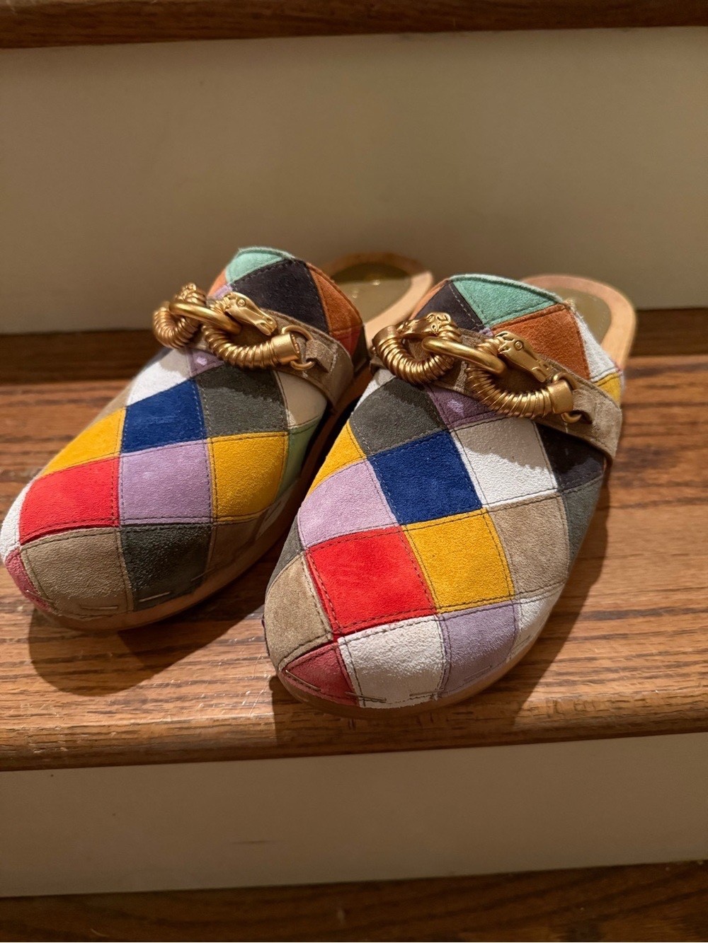 Tory Burch Jessa Clogs Patchwork Suede Mule Color Block Heel Size 8.5 EUC