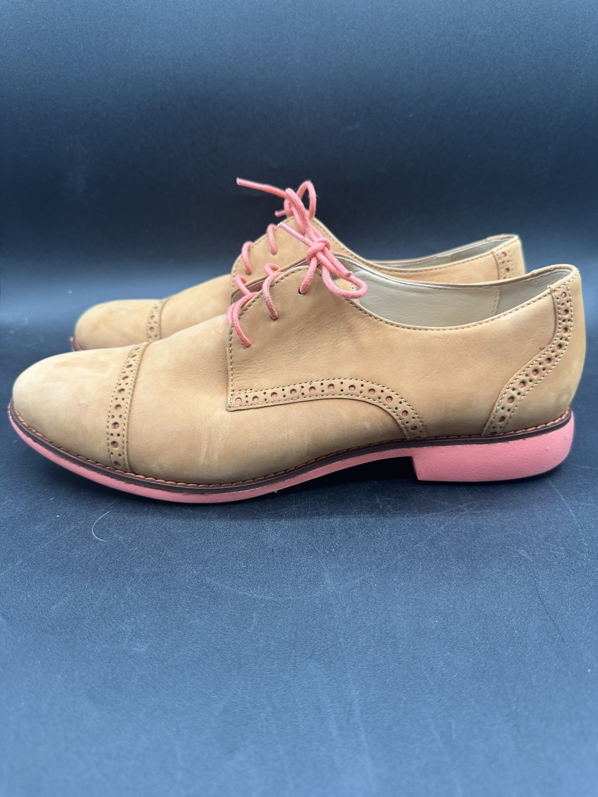 Cole Haan Gramercy Sandstone Nubuck Tan Coral Pink Oxford Shoes Women’s Size 9B