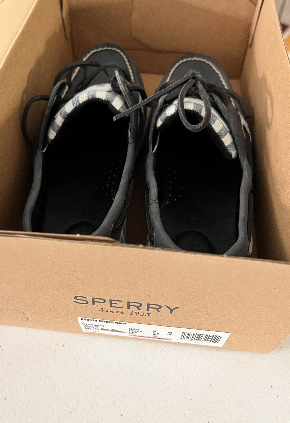Sperry Women’s Koifish Stripe Navy Leather with linen stripes STS88671