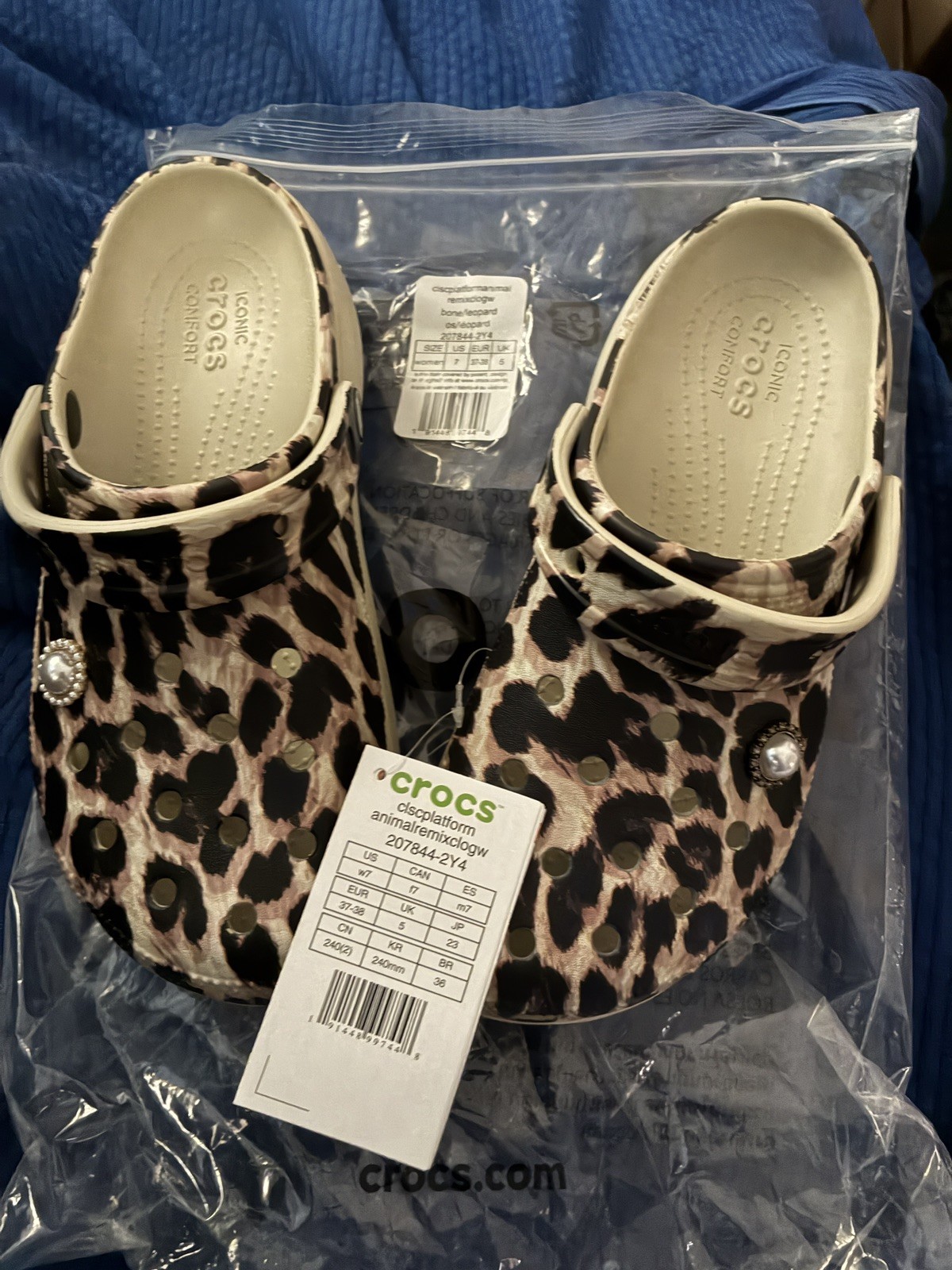 Crocs Classic Platform Animal Remix Clog Leopard Bone MWT W7 ,Jibbitz