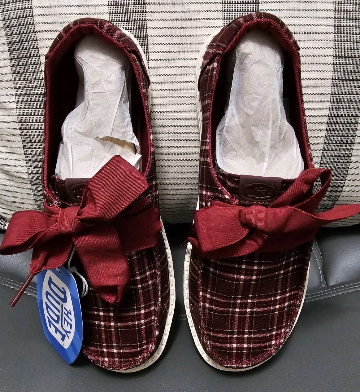Hey Dude Wendy Holiday Bow, Red Plaid/Burgundy, Size 7, Brand New-no Box