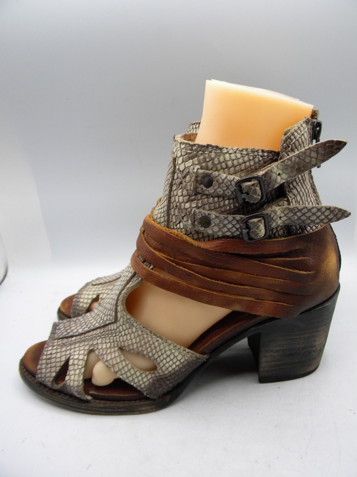 FREEBIRD by Steven Nest Snake Print & Brown Leather Block Heel Sandal Sz 9