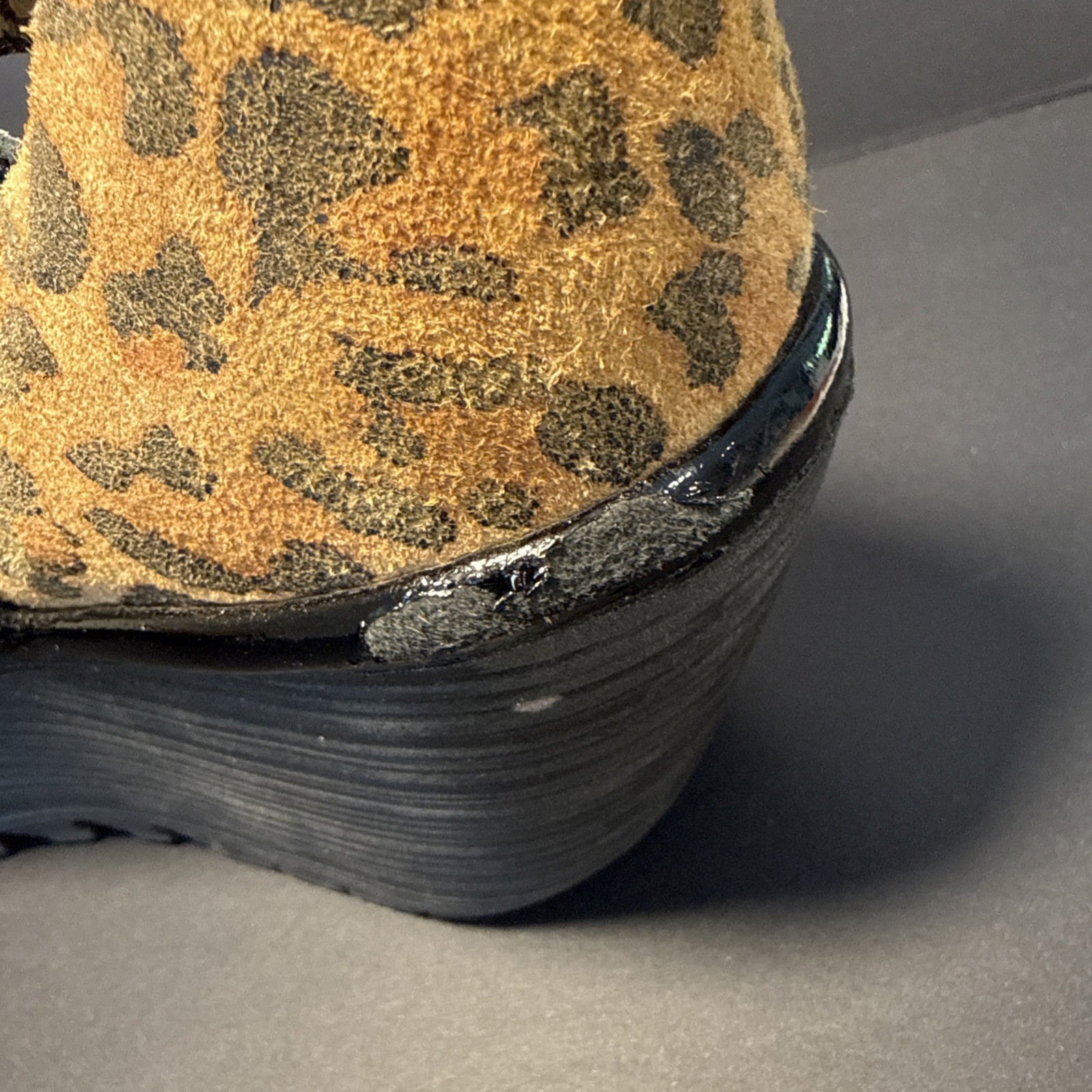 Fly London Leather Women’s Wedge Black Patent Leopard Suede Heel Size 38 US 8
