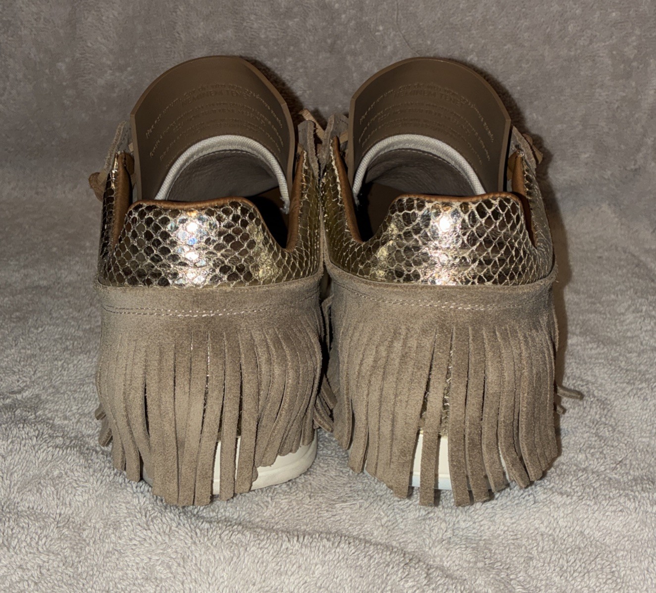 Esseutesse Tan Suede Gold Snake Print Leather Fringe Slip On Sneakers US Sz 7