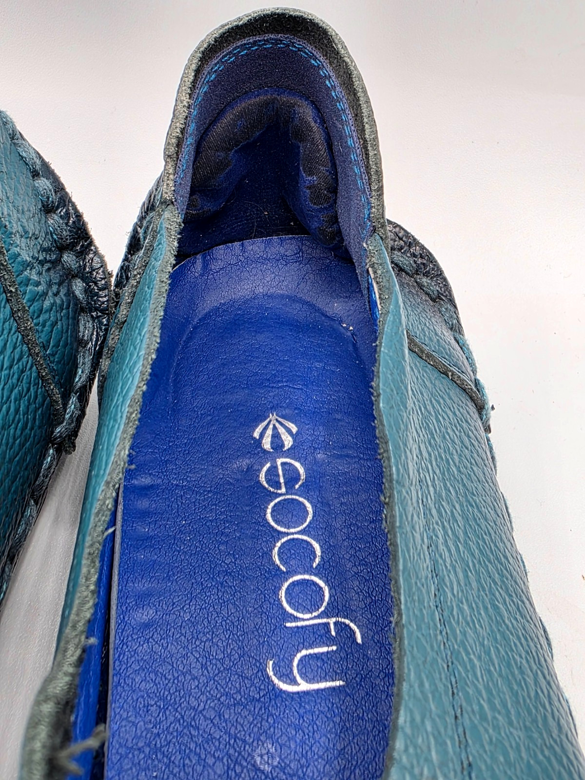 Socofy Slip On Shoes Blue Leather Flowers Comfort Boho Art Asian Fairy Size 9