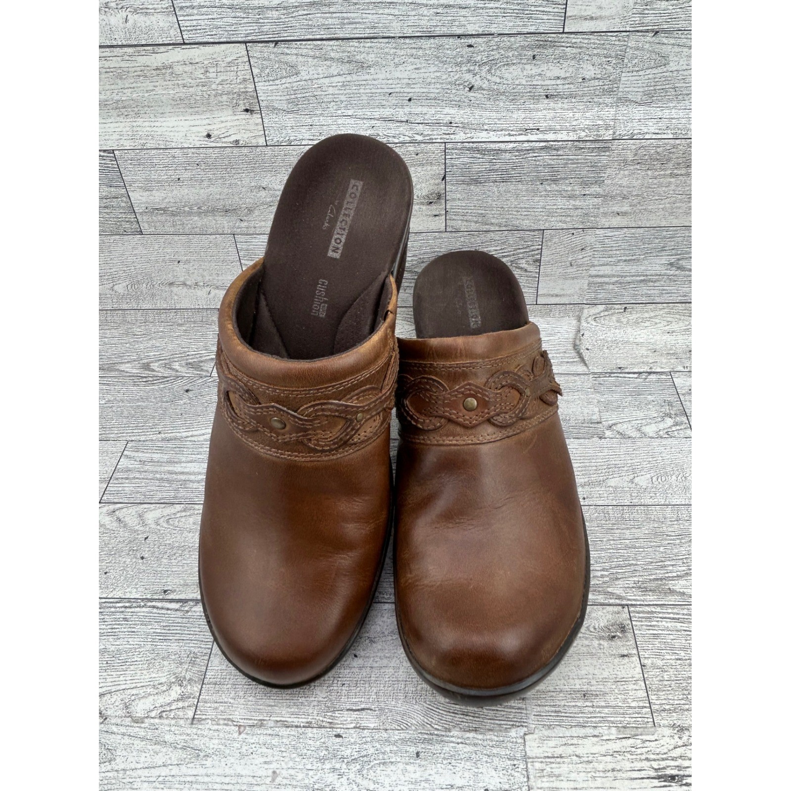 Clarks Collection Women Brown Leather Braided Mules Clogs Cushion Soft Sz 8.5 M