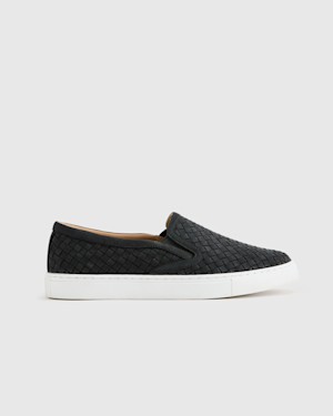 Quince Women 100% Handwoven Leather Slip On Sneaker Black 6