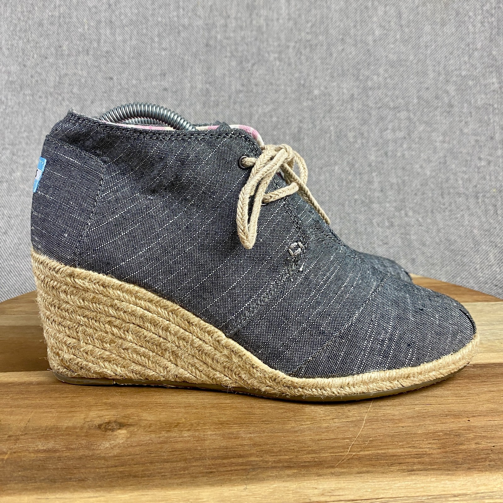 TOMS Desert Espadrille Wedge Shoes Womens 10 Blue Denim Ankle Bootie Lace Up