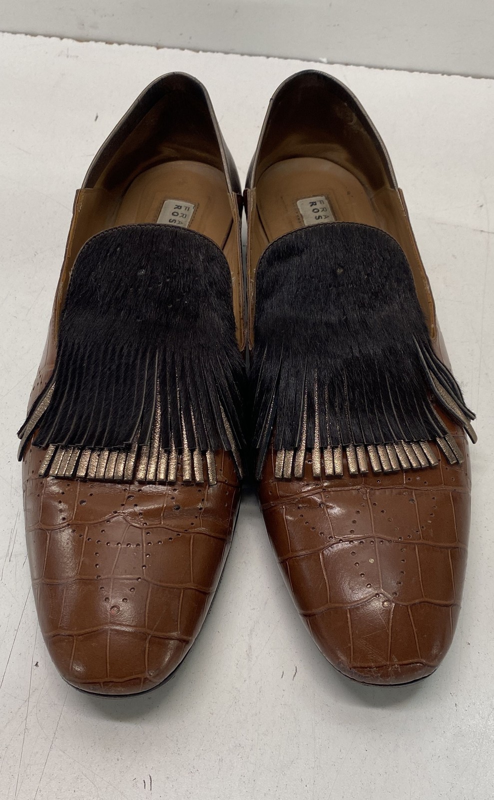 Fratelli Rossetti Brown Croc Embossed Pony Hair Kiltie Loafers Italy Size 40.5