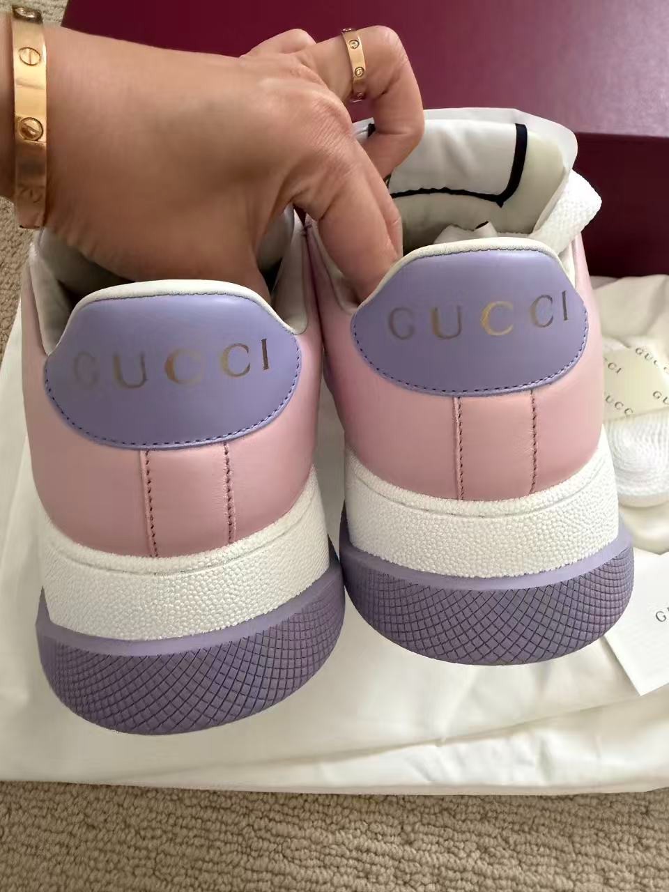 Gucci GG Women Sneakers Pink Lavender White Platform Shoes Size 37.5 Made Italy