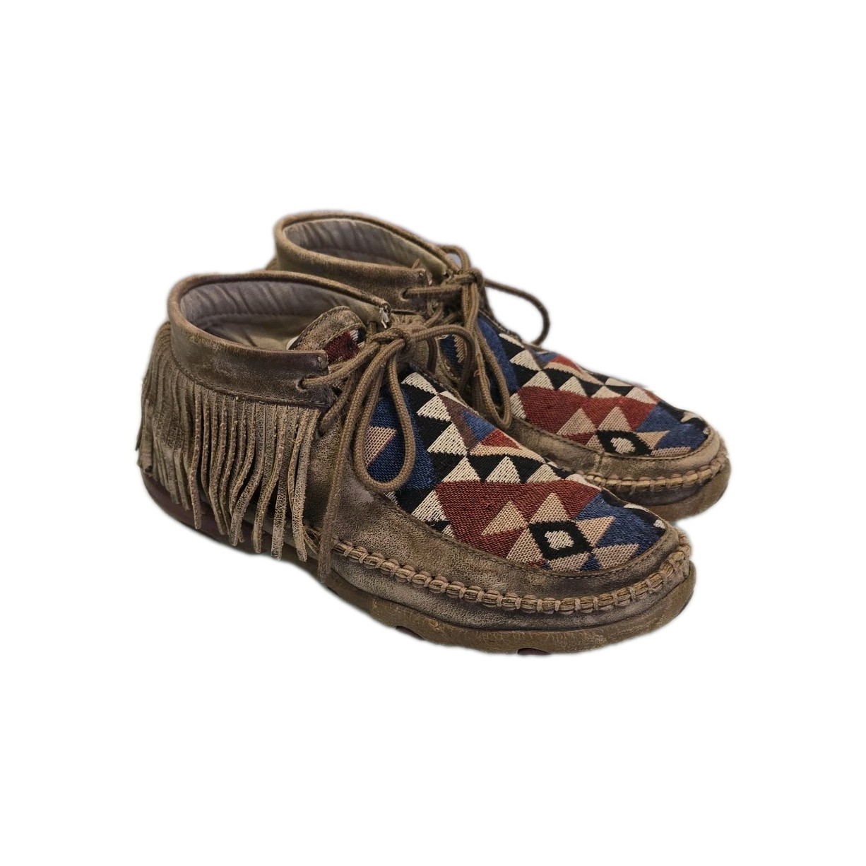 Twisted X Women Driving Moccasins Fringe Aztec Geometric Brown Leather Loafers