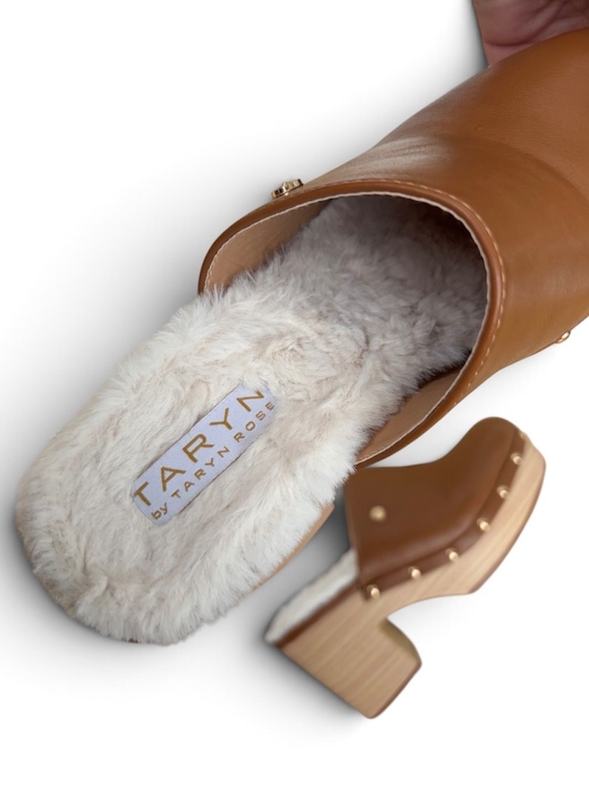 Taryn Rose Women’s Camel Leather Shearling Clogs Wood Platform Heel Sz 8