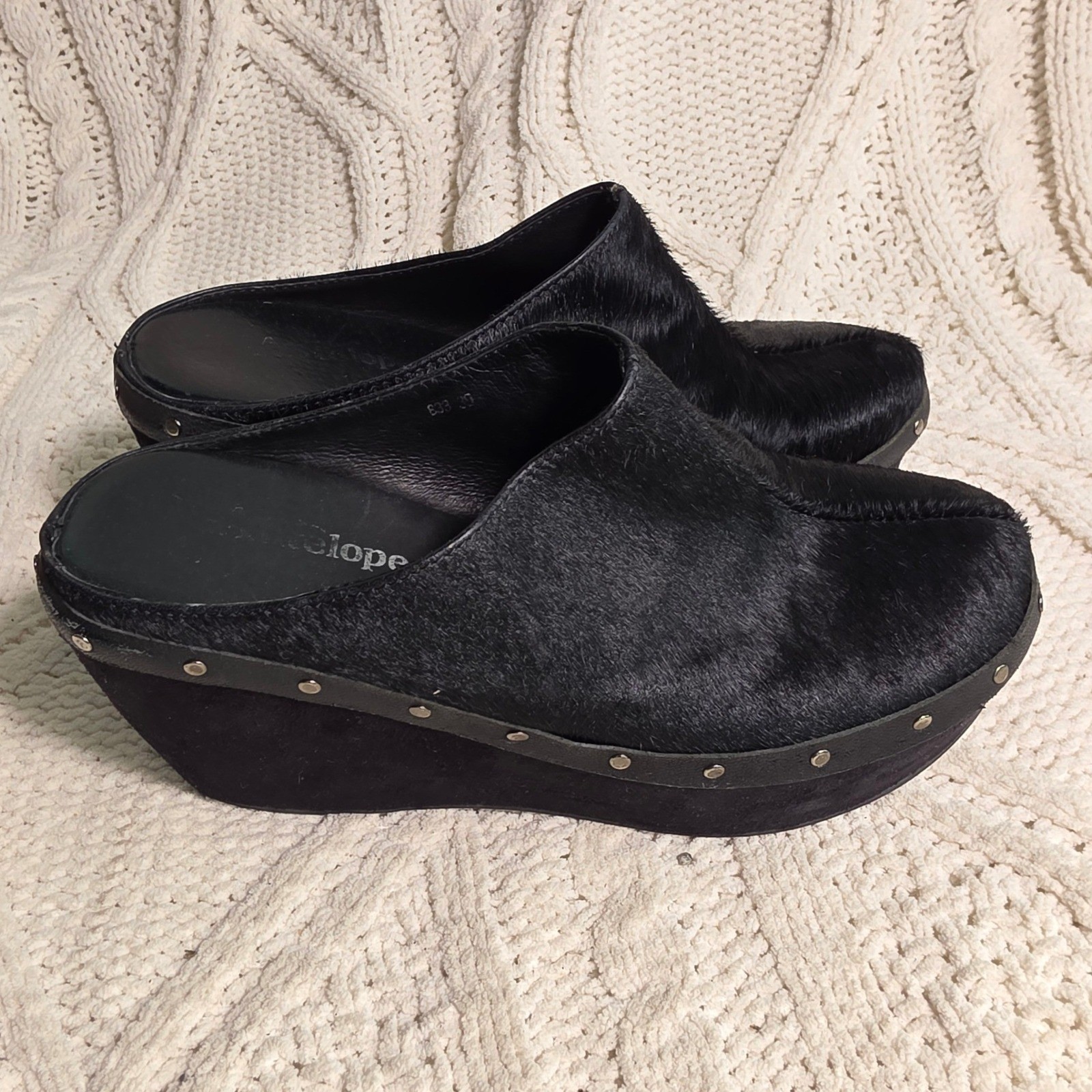 Antelope Clogs Mules Pony Hair Black Studded Leather Wedge Women 39 8 8.5