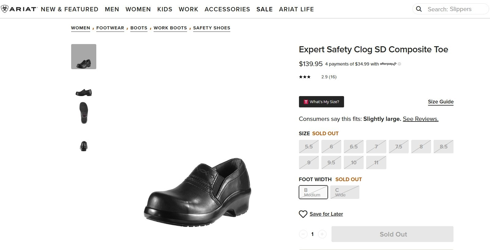 ARIAT Work Expert Safety Clogs SD Women’s Sz 7 C WIDE Black Composite Toe