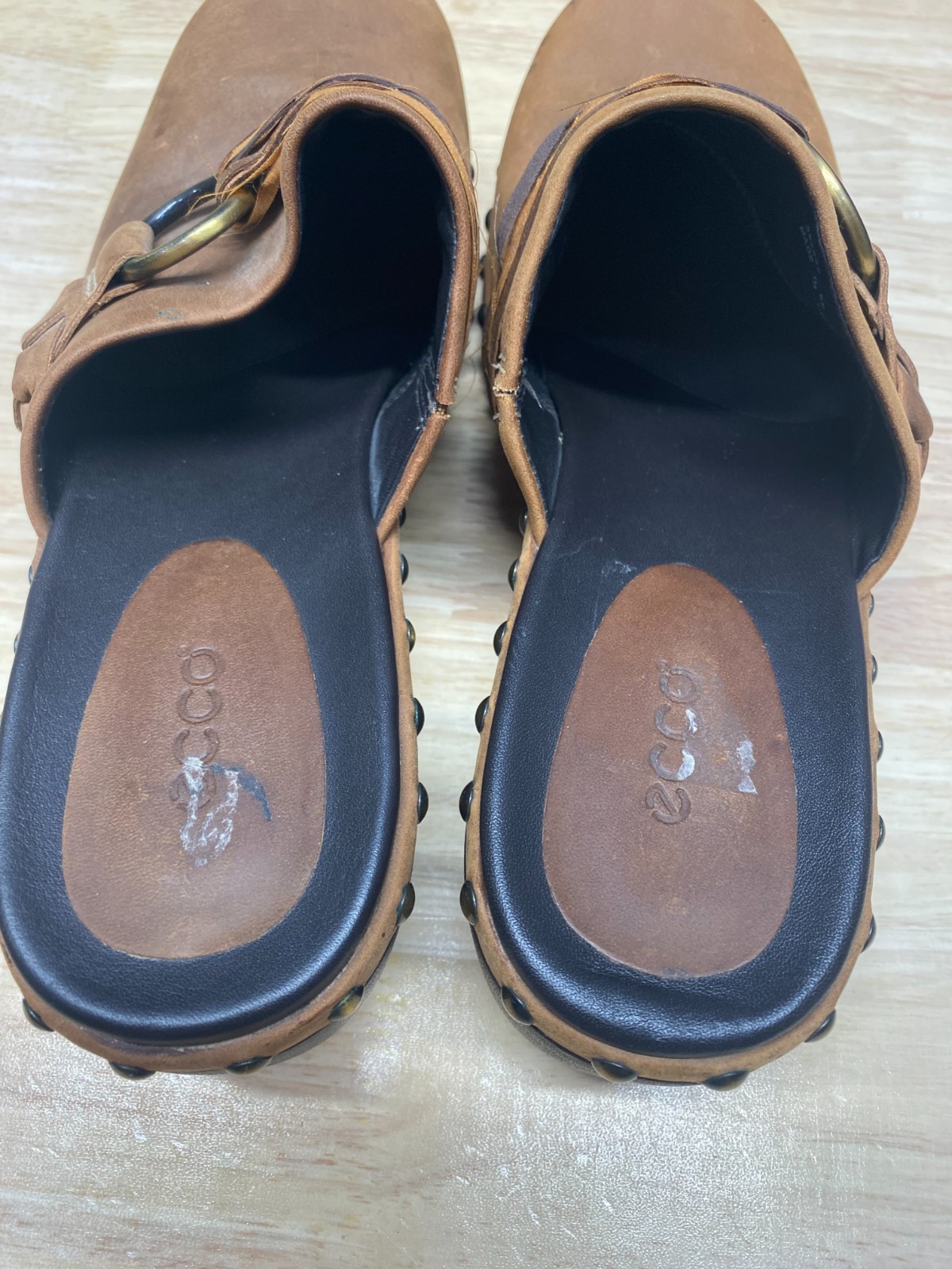 Ecco Leather Studded Slip On Size 9.5 EU 40 Mules Clogs Chunky Strap Boho Brown