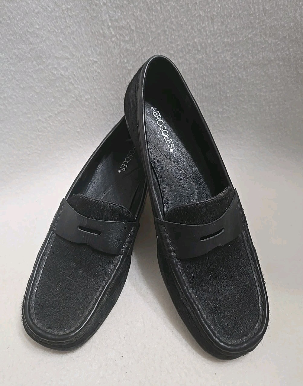 Black Leather Pony Hair Cowhide Penny Loafers Aerosoles Sz 9.5 M Spantastic