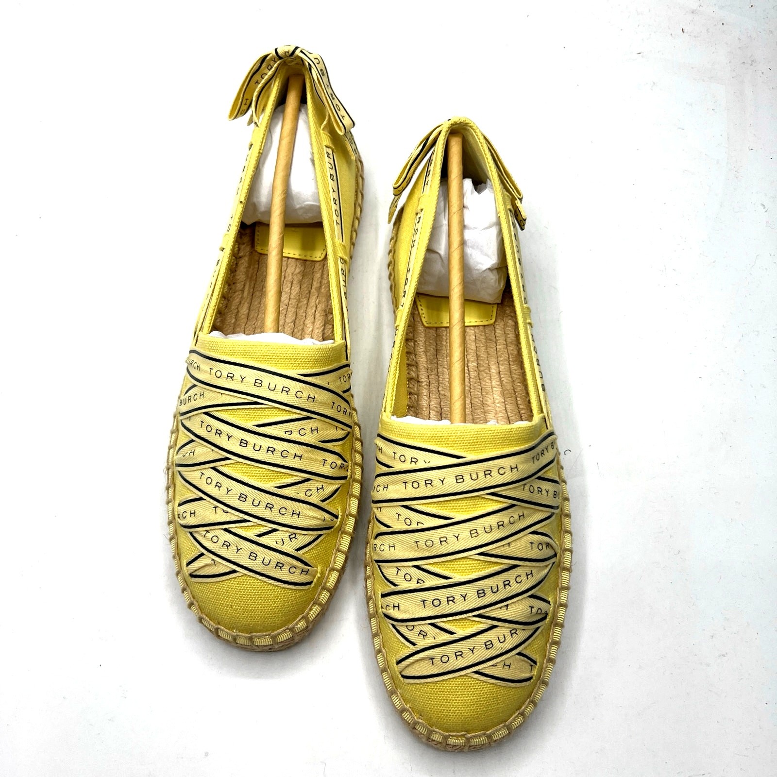 Tory Burch Tory Ribbon Espadrille Blonde Straw Dark Seaweed Yellow Size 9 NEW