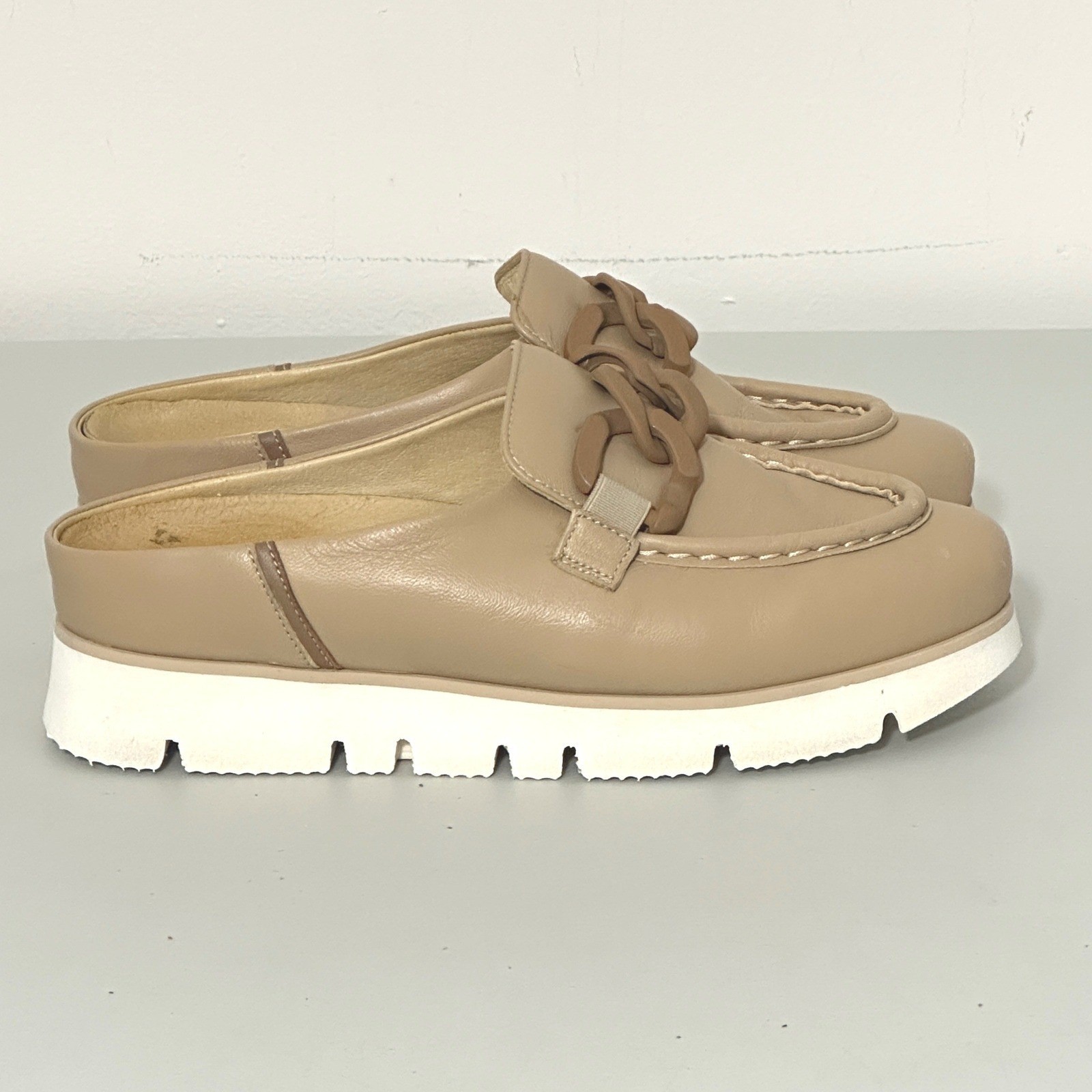 Softwaves Carrie 36.5 EU 6.5 US Tan Leather Chain Platform Mules Neutral Comfort