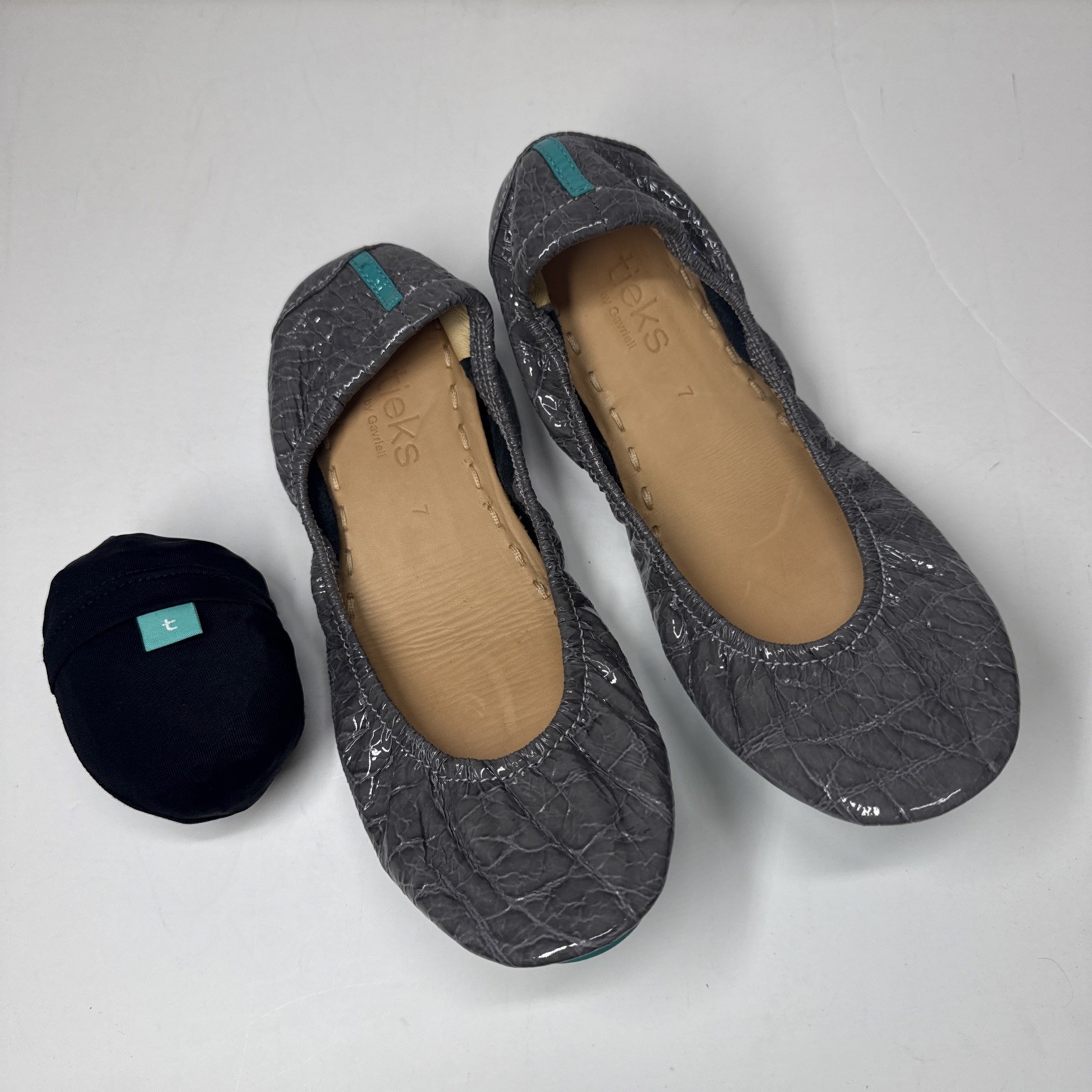Tieks Ballet Flat Shoes Womens 7 Slate Grey Croc Patent Leather with heel bag
