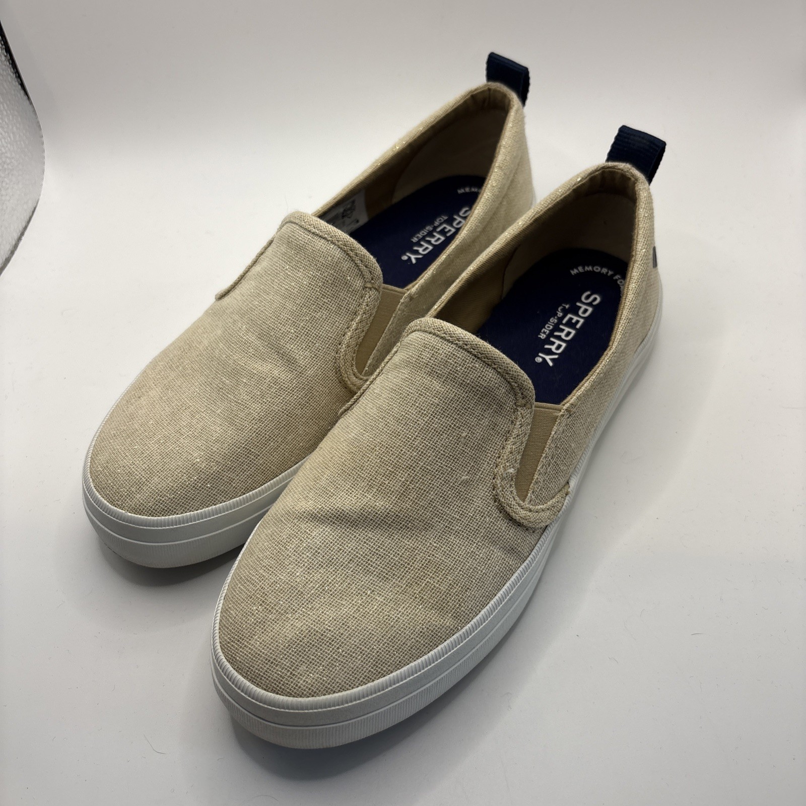 Sperry Crest Twin Gore Slip On Sneakers Women 6 Tan Gold Glitter Textured Linen