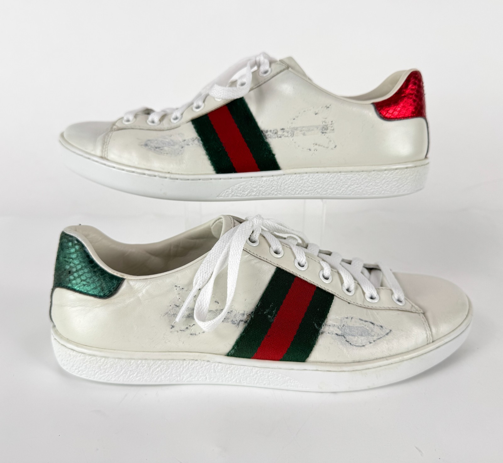 Gucci Wmn Auth Ace No Arrow White Leather Web Sneakers 9.5 US 39.5 EU Shoes Box
