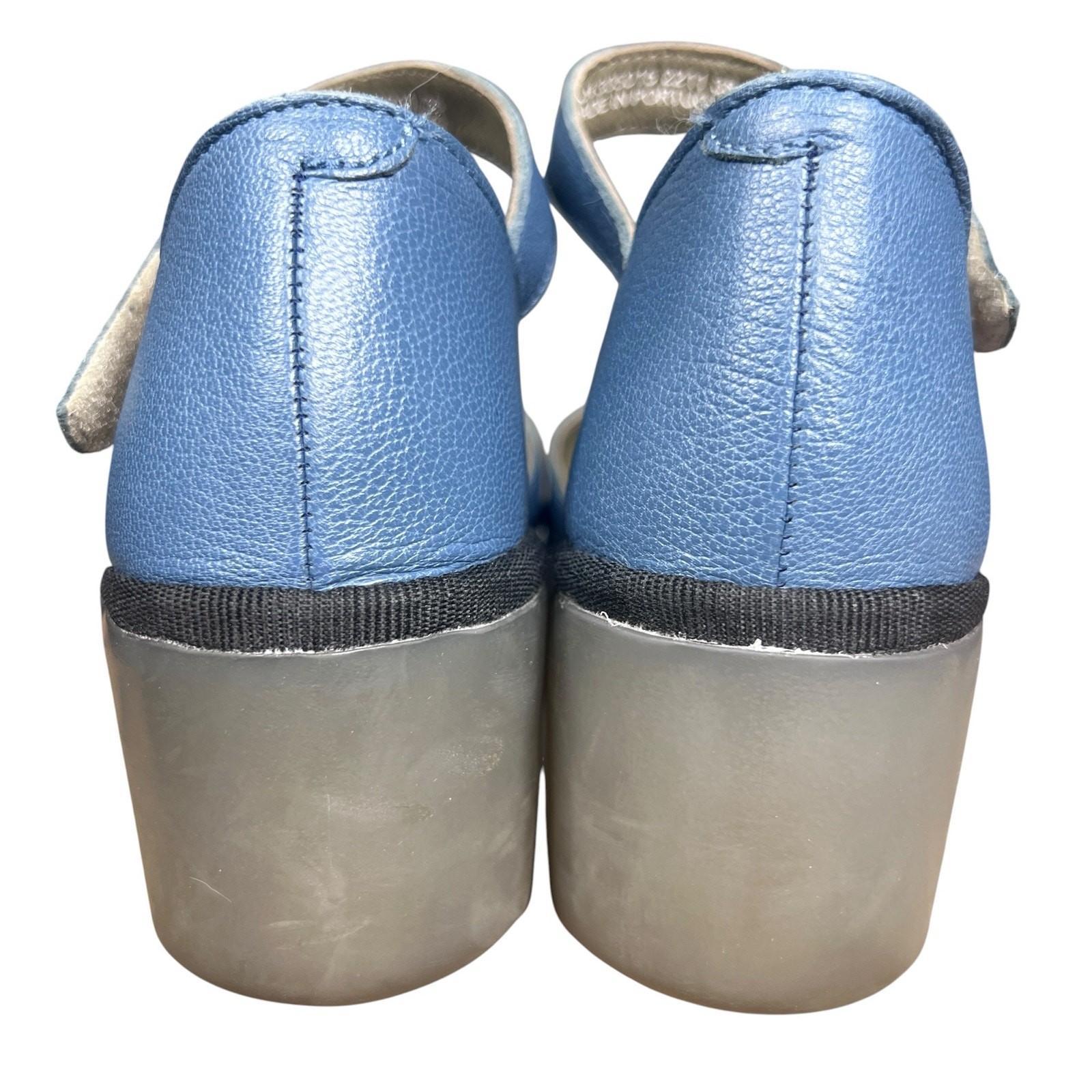 Fly London Biso305 Blue Leather Ankle Strap Cutout Wedges Size 38 US 7.5/8