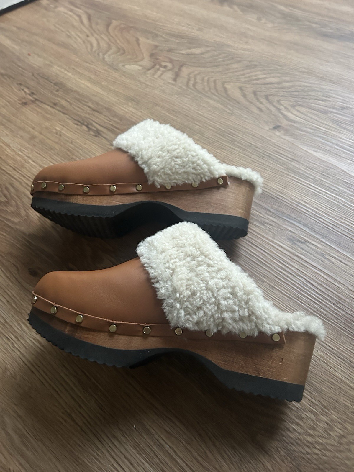 M.Gemi The Greta Tan Leather Shearling Clog Platform Mule Shoes EU 38.5 US 8.5