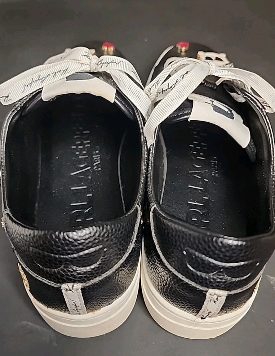Karl Lagerfeld Women’s Size 7.5 Black Cate Pins K22 Tennis Shoes Charms Leather