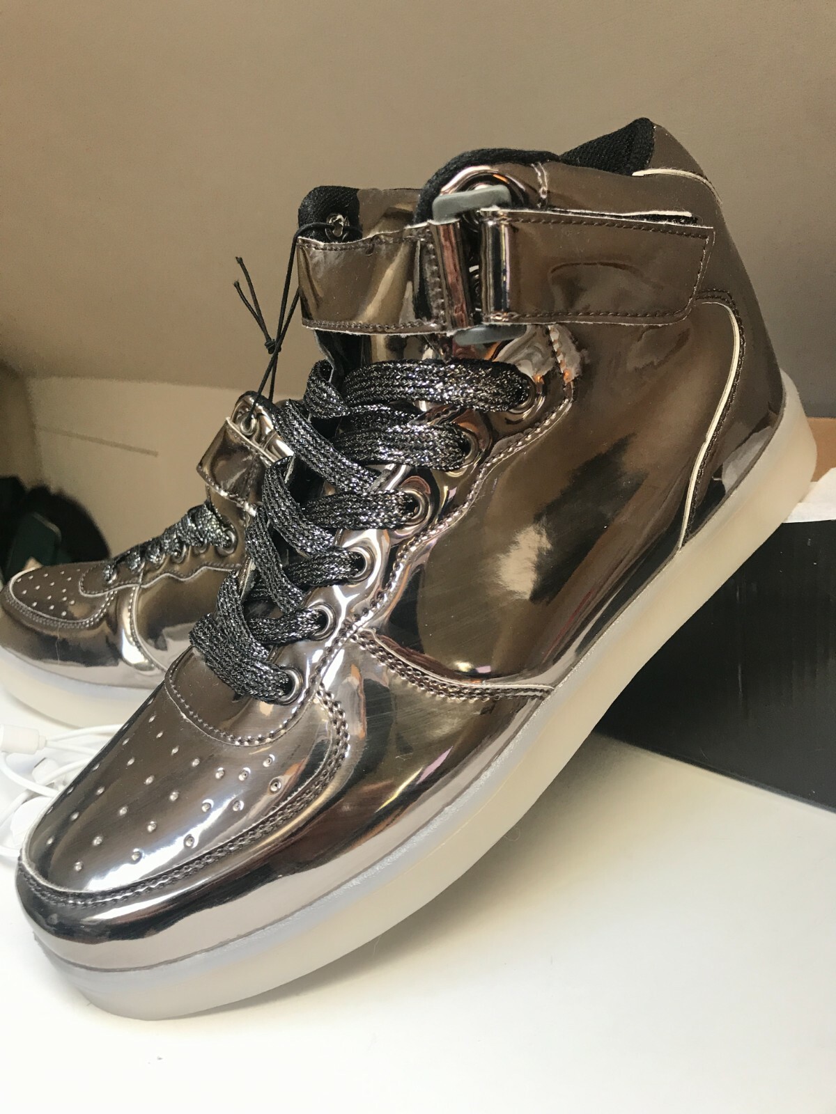 Mid Top Lace Up metallic Silver Black Casual Sneaker w USB chargeable Led lights