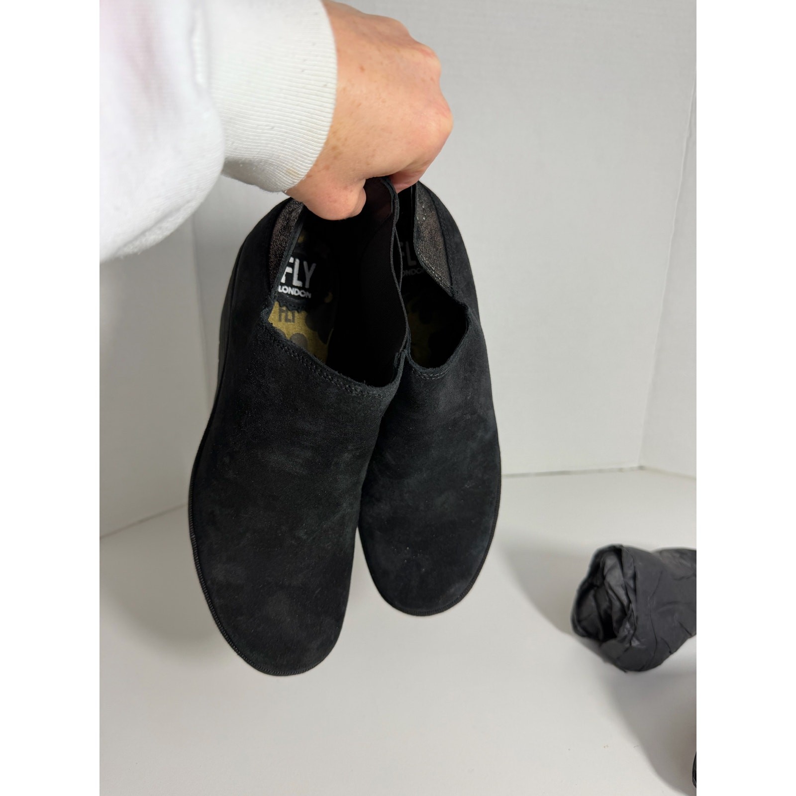 FLY LONDON Black/Pewter Suede Booties Wedge Womens Size 38