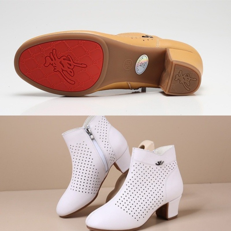 Faux Leather Summer Hollow Out Latin Dance Shoes Lady Mid-Heel Soft-Soled Shoes