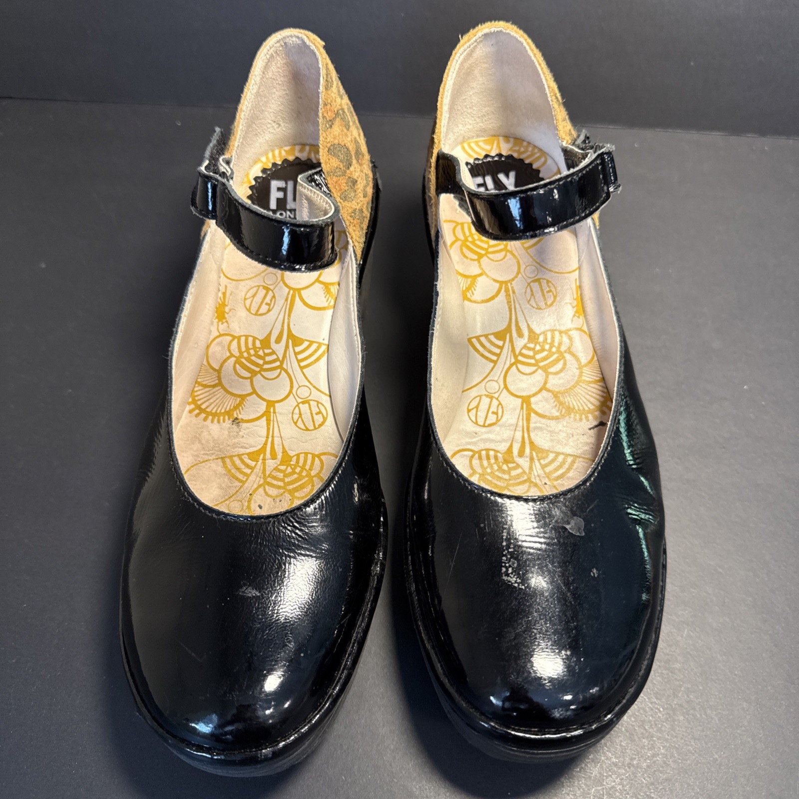 Fly London Leather Women’s Wedge Black Patent Leopard Suede Heel Size 38 US 8