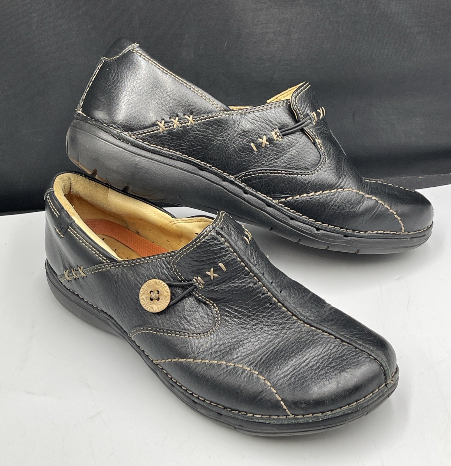 Clarks Un Loop Unstructured Loafers Womens Size 8M Black Leather Comfort Shoes