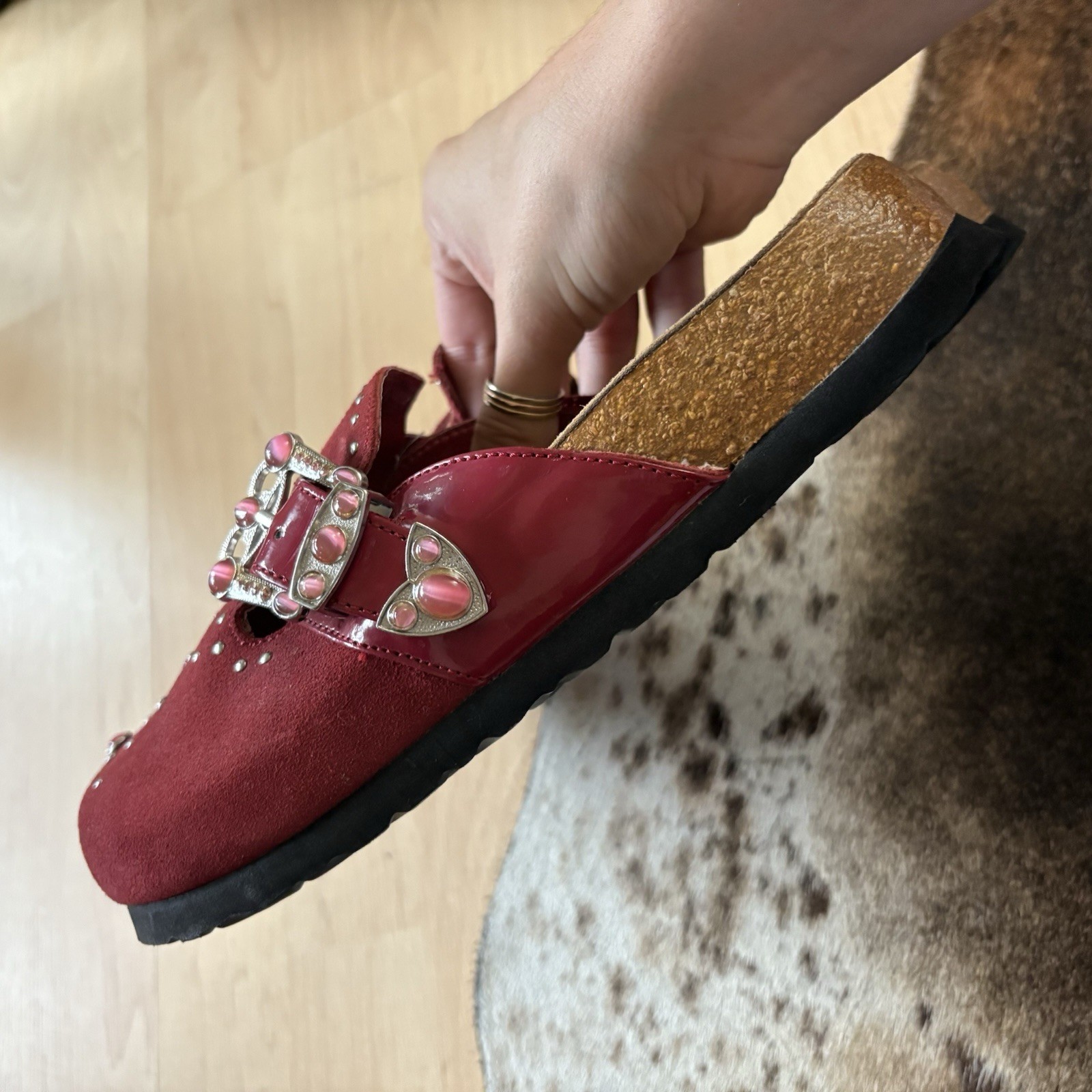 BETULA BY BIRKENSTOCK Red Studded Suede Clogs Size 8