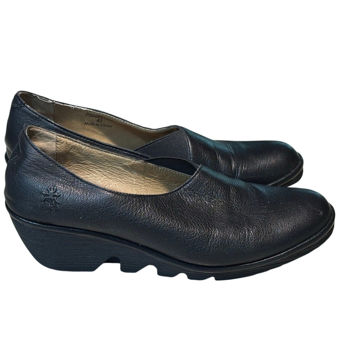 Fly London Black Peso Wedge Classic Comfort Leather Slip on Shoes Size 40