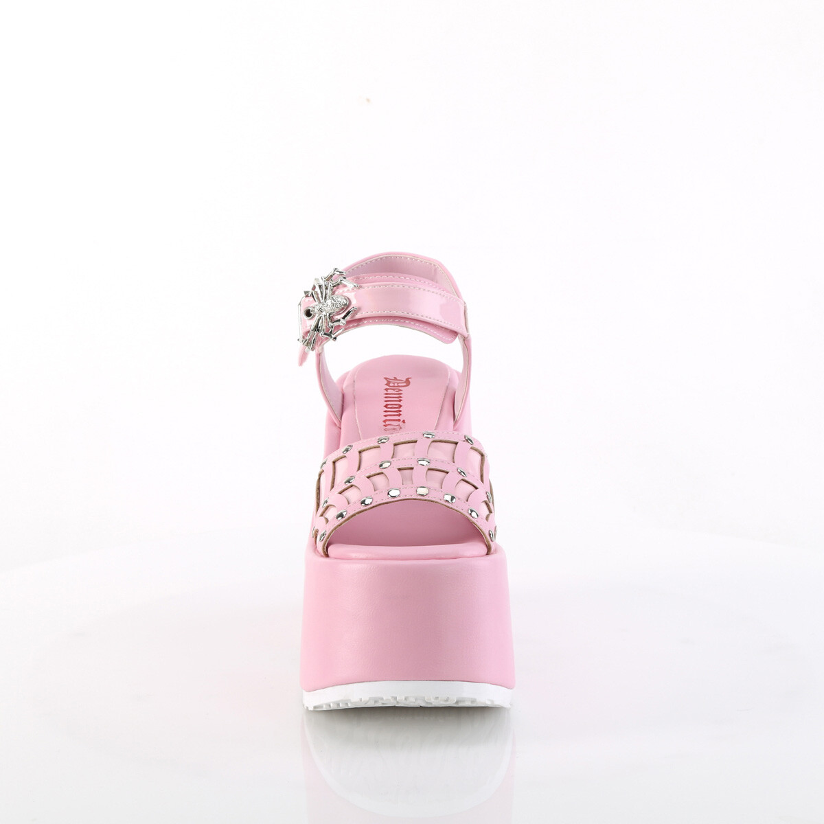PLEASER PINK 5″ CHUNK HEEL-SILVERTONE SPIDER BUCKLE SANDAL Sz 6 7 8 9 10 11 12