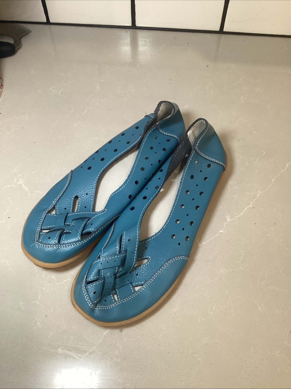 Gum Rubber Sole Womens Comfort Shoes Blue Slip On Moccasin Size 42 US 9.5