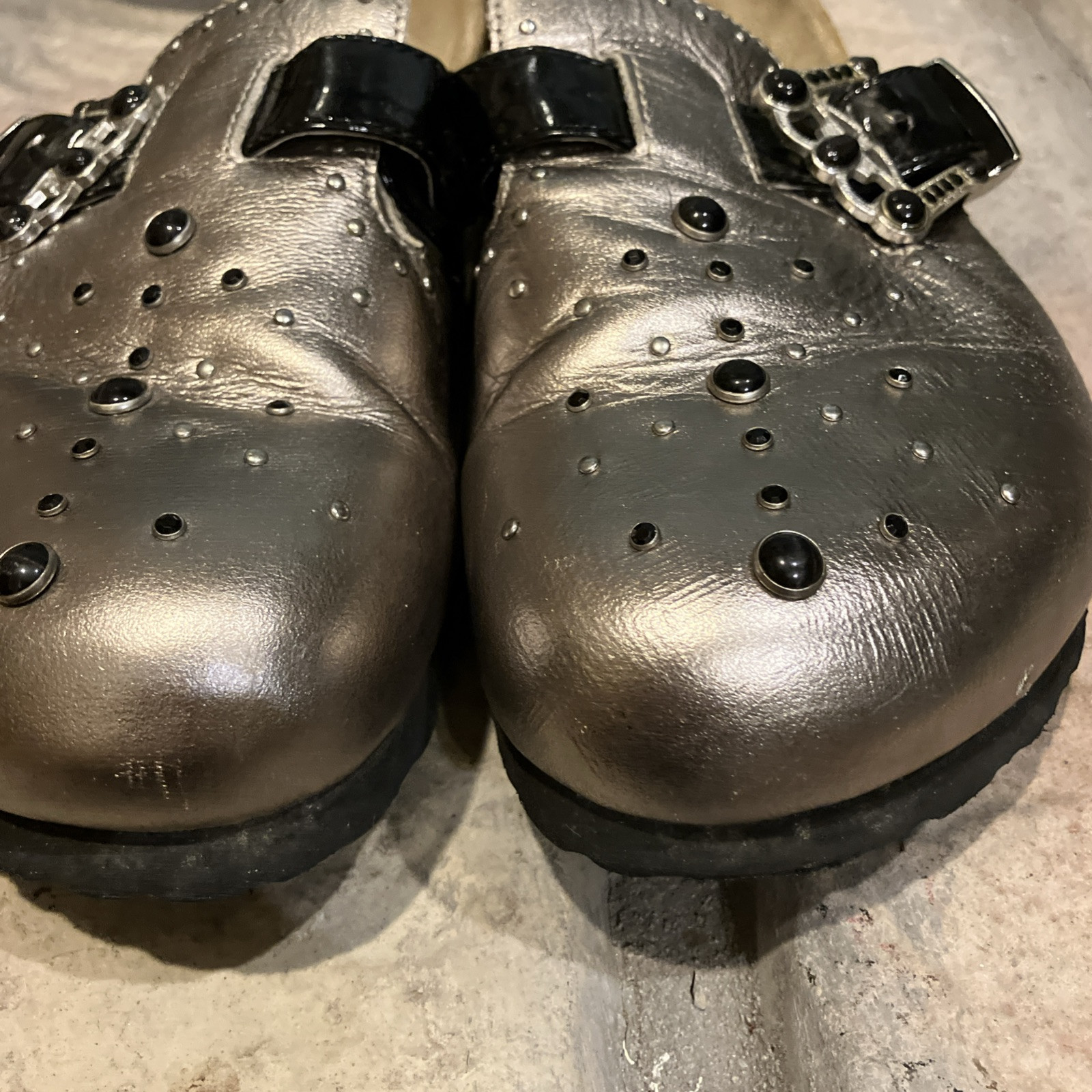 Silver Leather Betula Birkenstocks Clogs 38 L7US Backless Birks w Studs 245