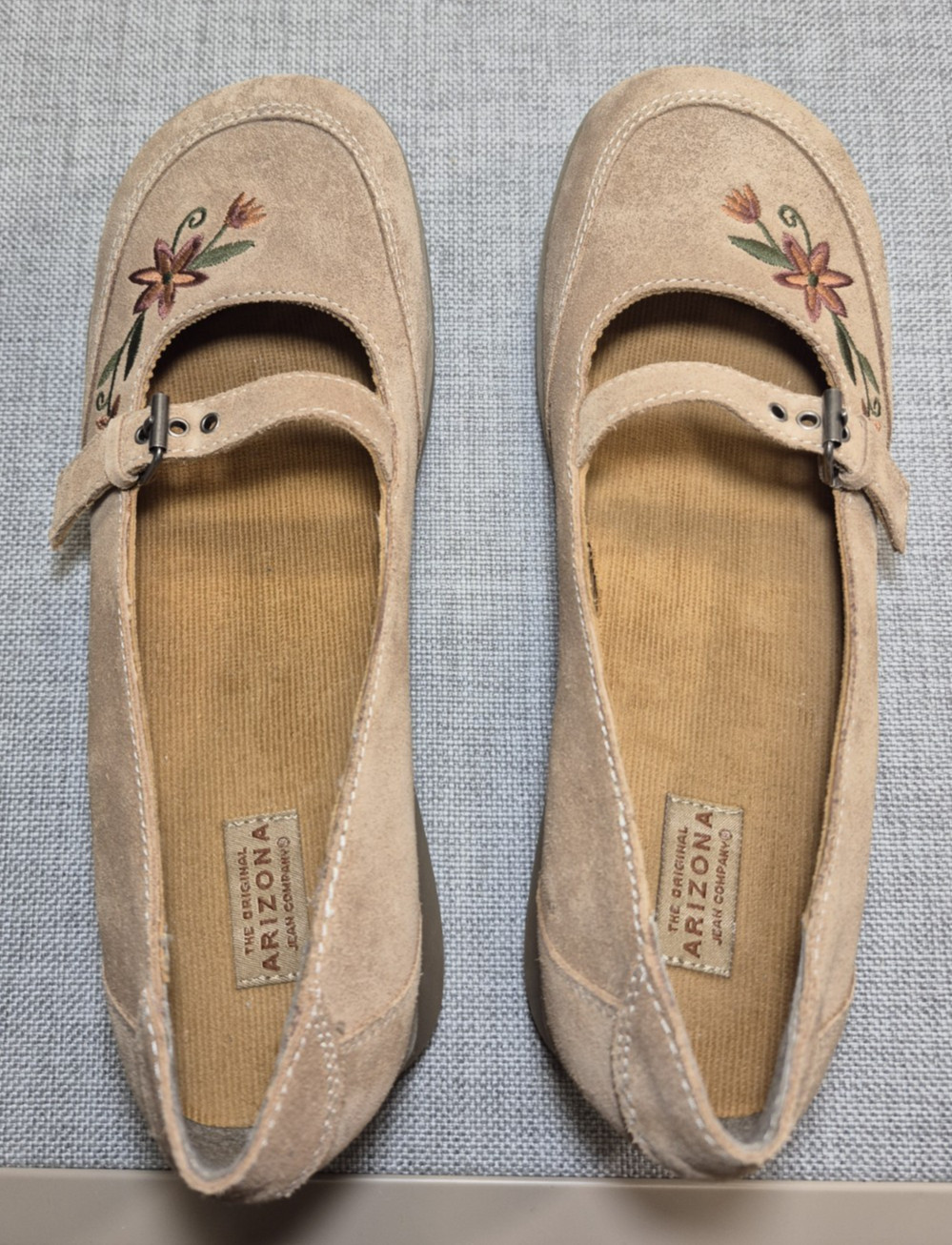 Vtg Floral Embroidered Brown Leather Suede Mary Janes-Arizona Jean Co, Sz 10M