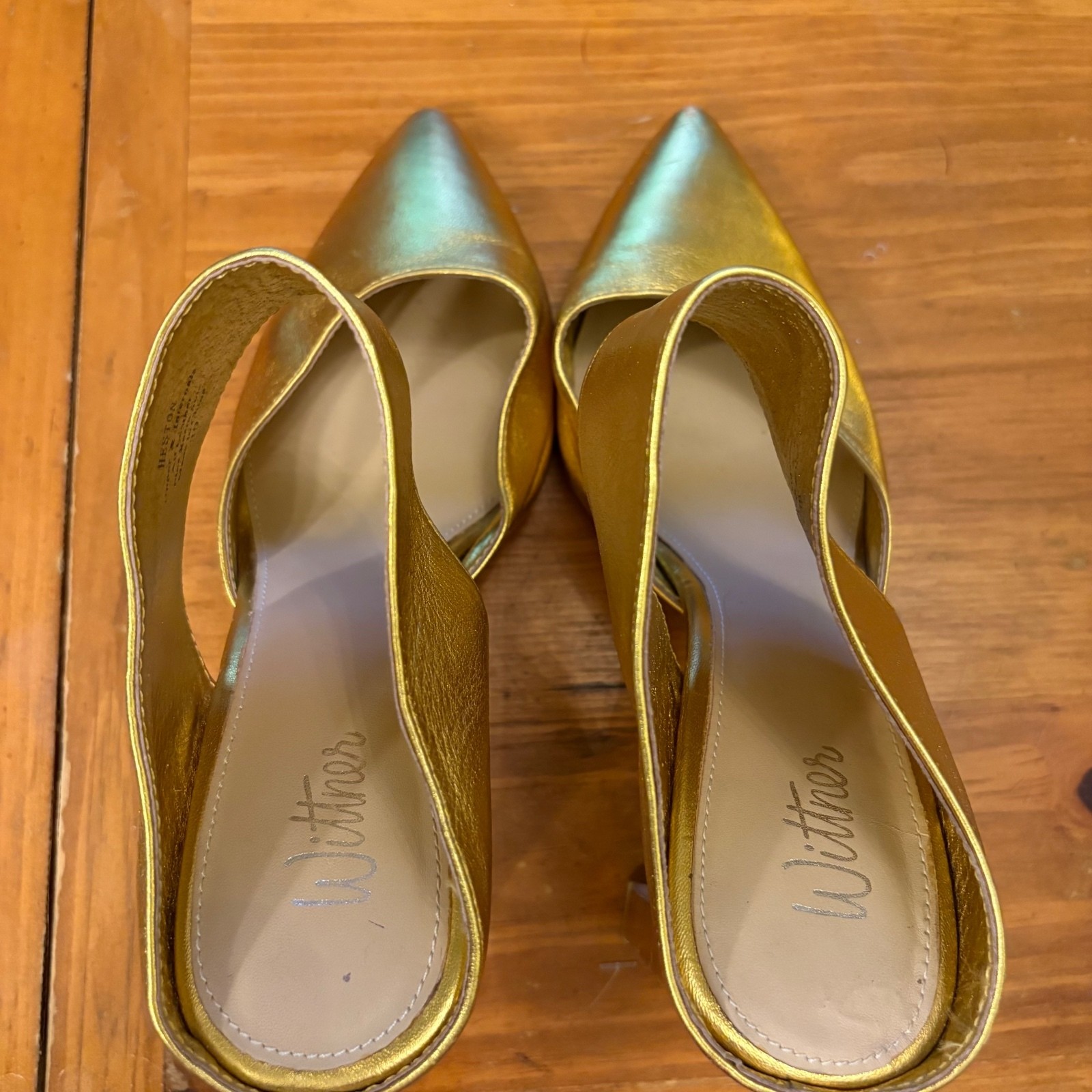 Wittner Heston Gold Leather Pointed Toe Block Heel Mules Size 39 Glam Formal
