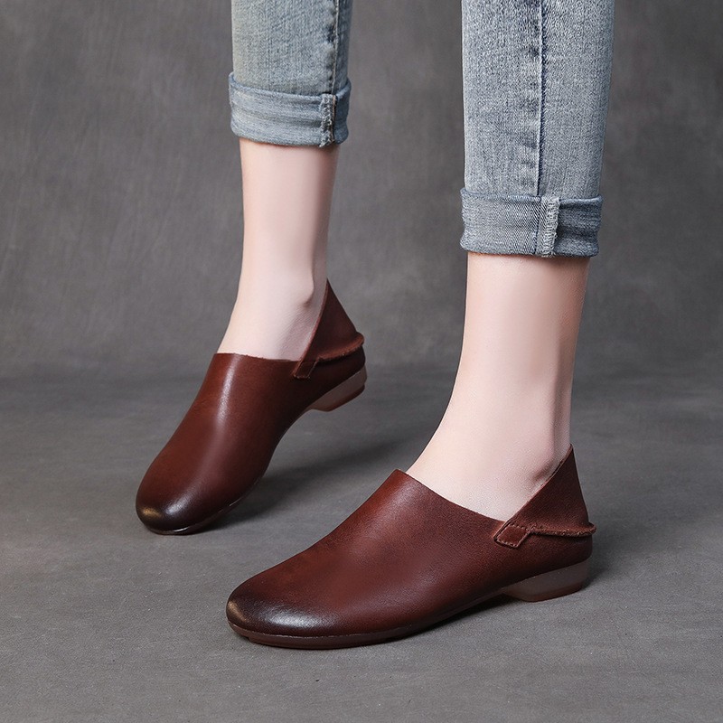 Women Retro Flat Slip on Loafer Genuine Real Leather Shoe Moccasins Slip On Lady