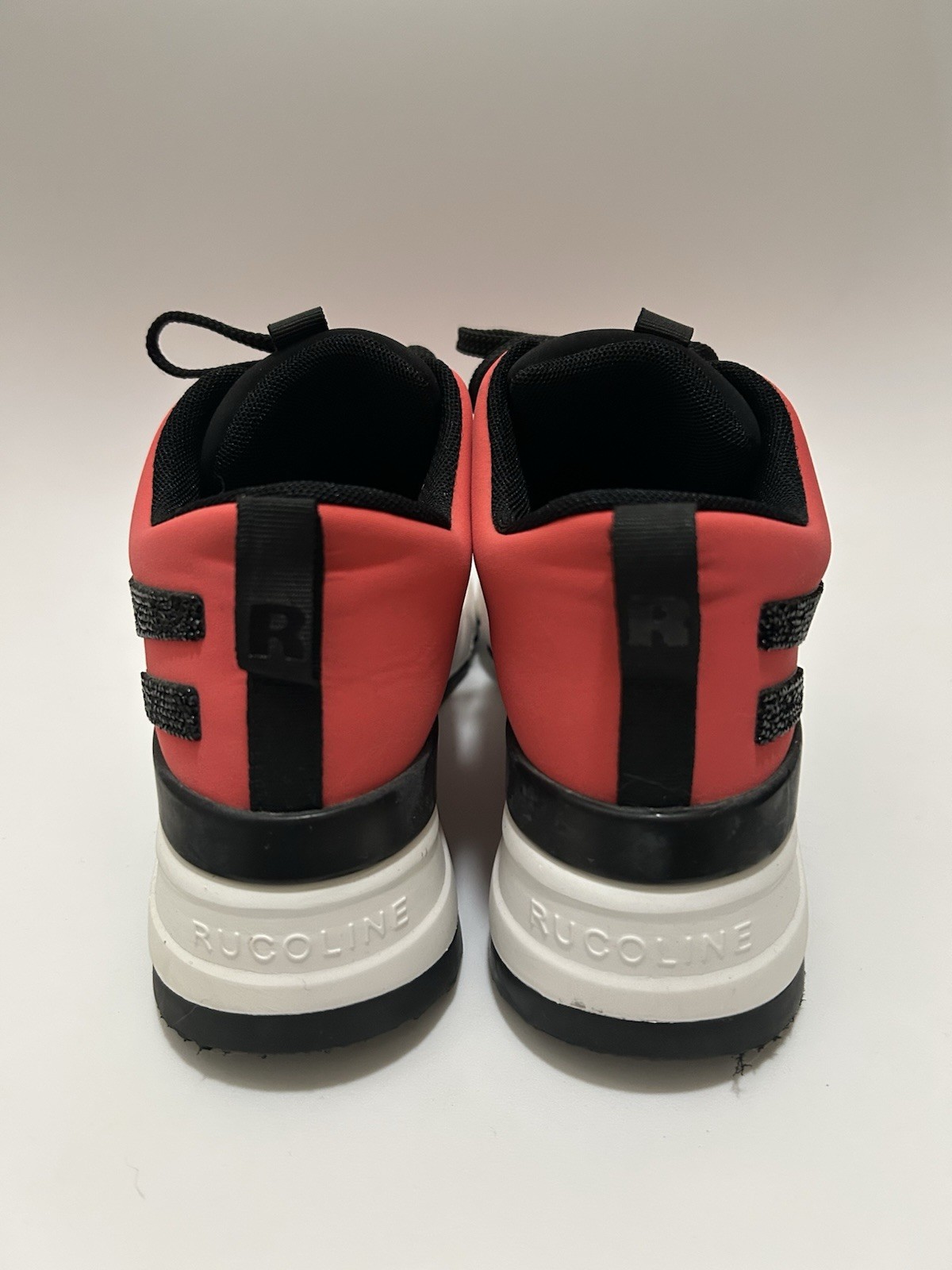 Rucoline Coral Pink Neoprene Platform Sneakers Rhinestone Logo Black Trim EU 38