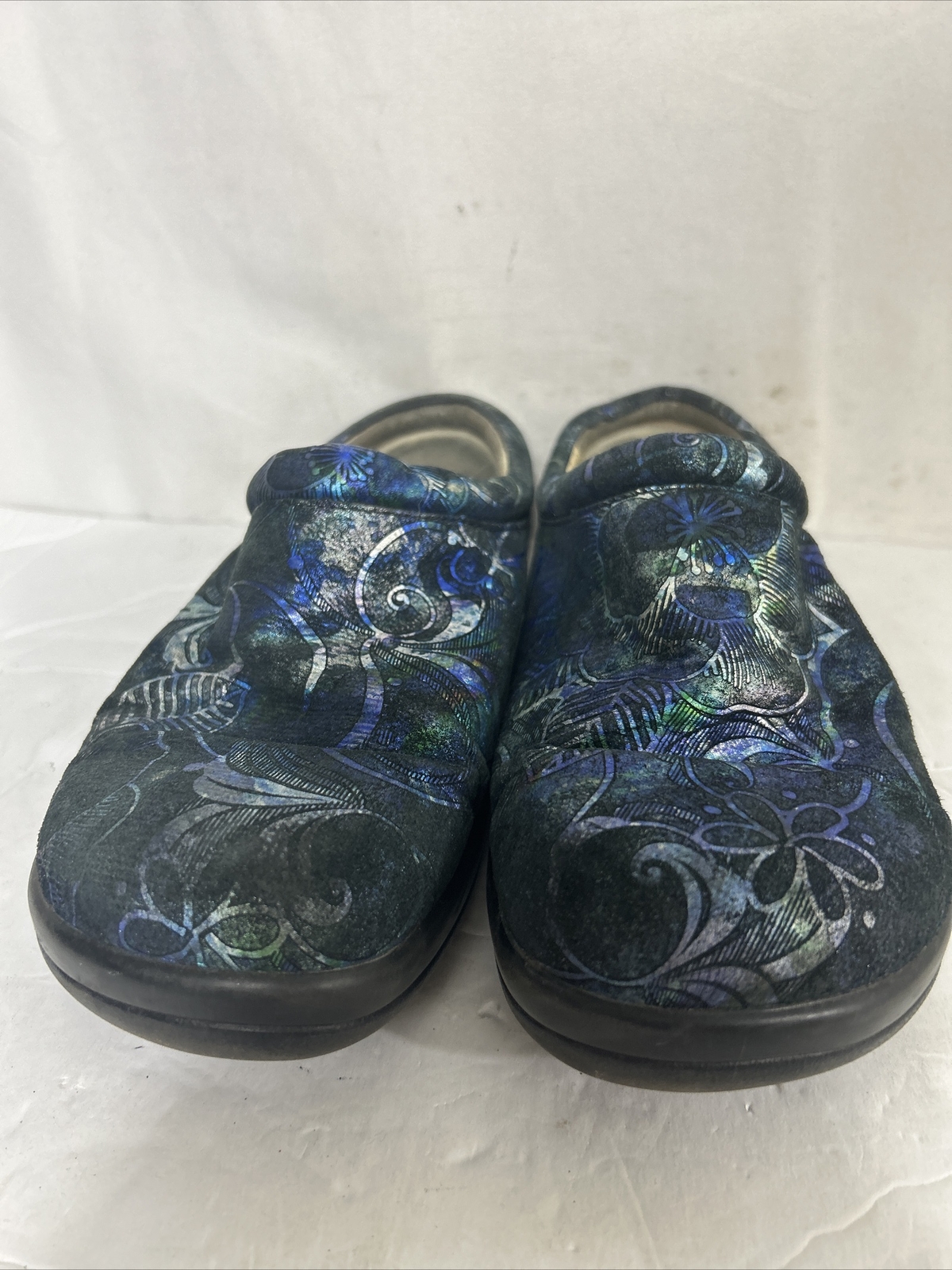 Alegria Mules Clogs Shoes Kay-264 Womens 38 Blue Green Leather Flowers Slip Ons