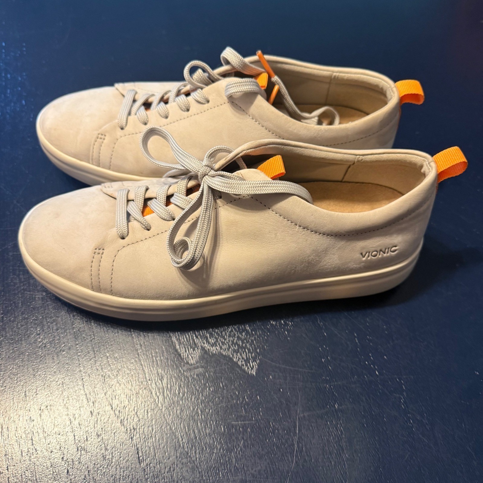Vionic Paisley Sneakers 7 Grey Orange Nubuck Leather Orthotic Walking Shoe