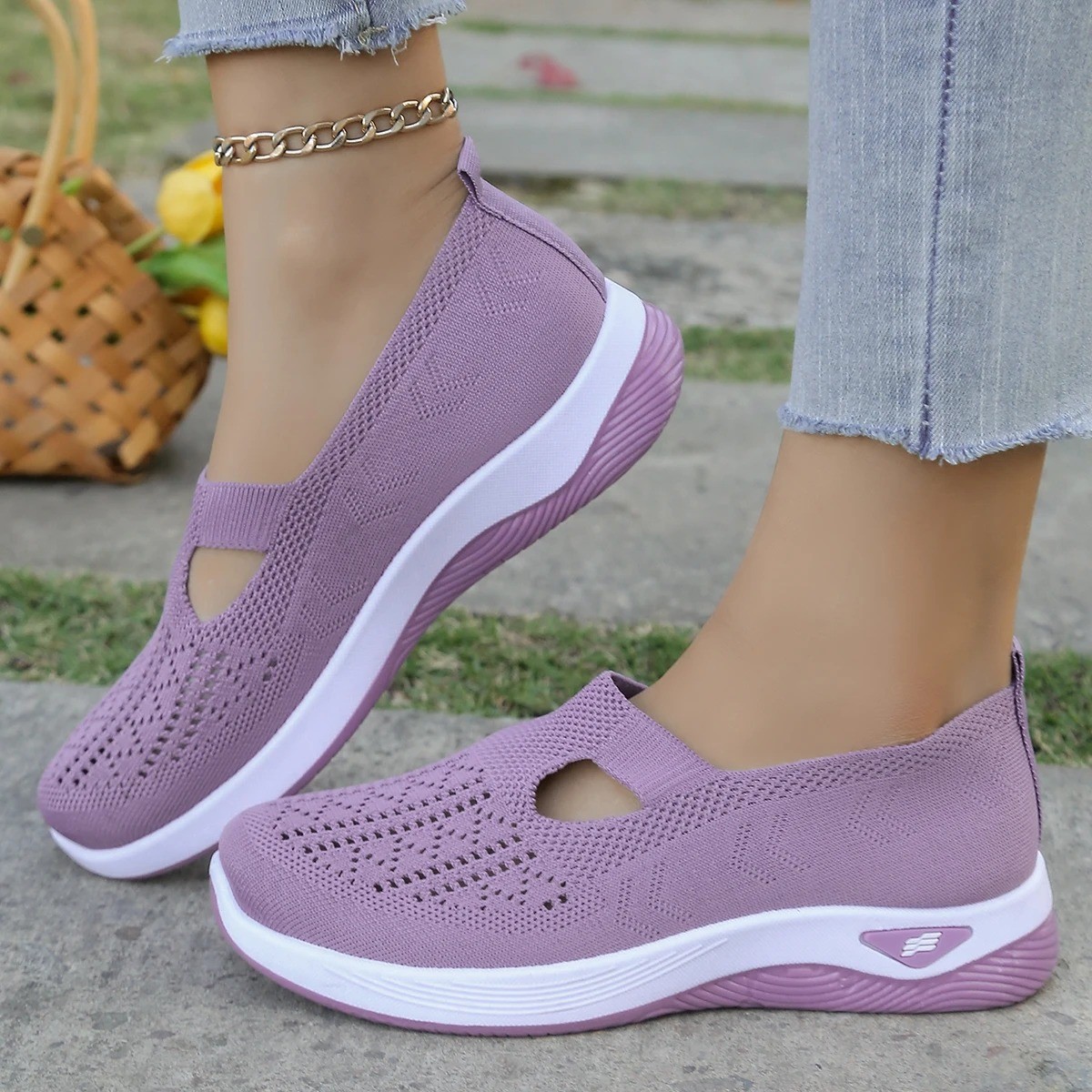 Women Mesh Flats Shoes Breathable Slip On Walking Sneakers Soft Non Slip Casual