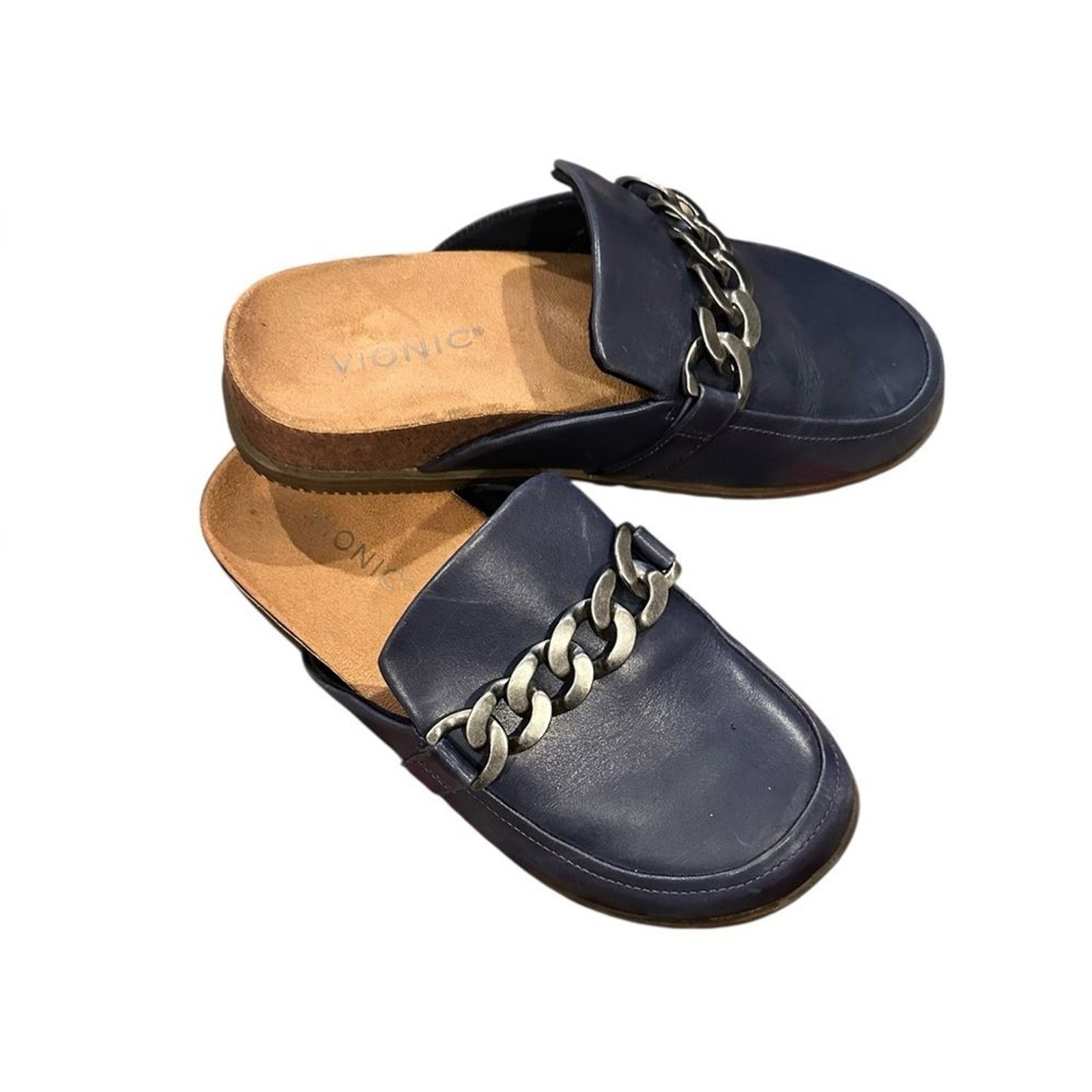 VIONIC NAVY BLUE GEORGIE LEATHER MULE CLASSIC LOAFER CLOG CHAIN SHOES 6