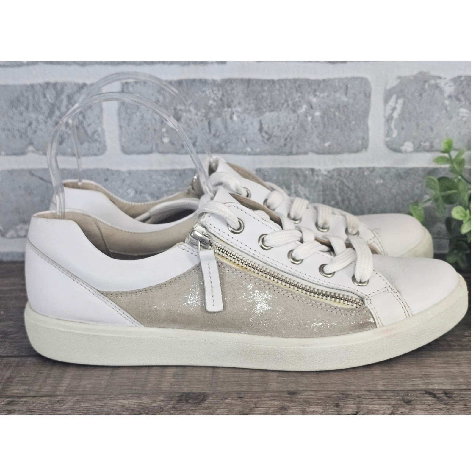 Hotter Chase Metallic Leather Sneakers White Beige Side Zip Comfort Women 8
